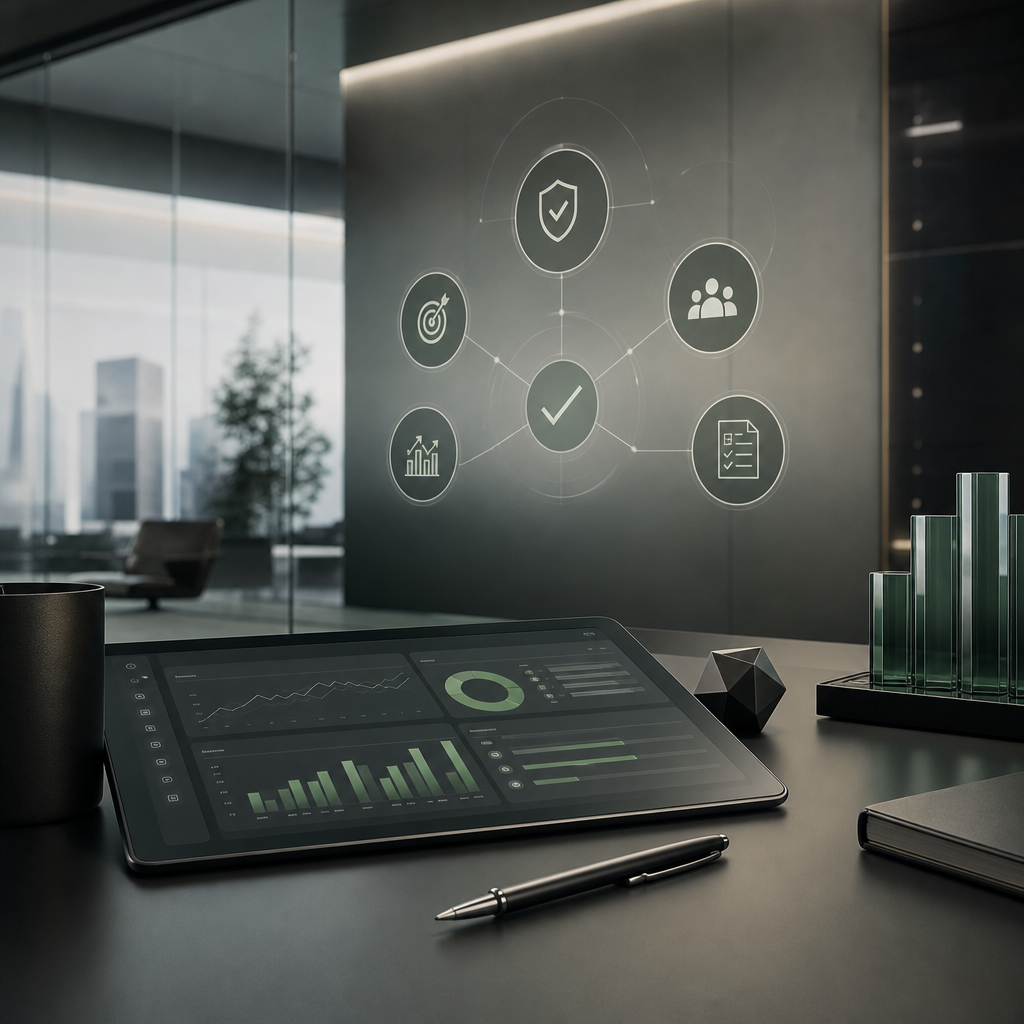 Modernes, futuristisches Dashboard in einer eleganten Arbeitsumgebung